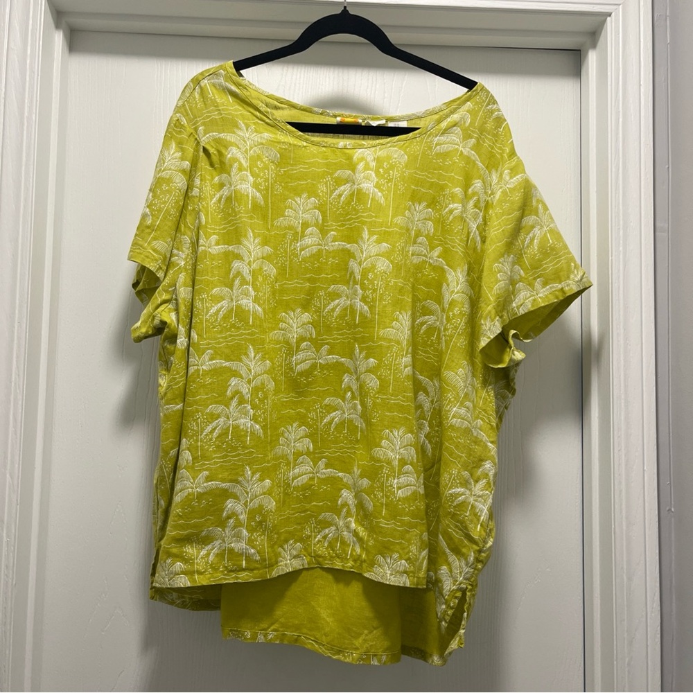 C&C California Shirt Womens 2X Green All Linen Lagen Tropical Palm Trees Beachy